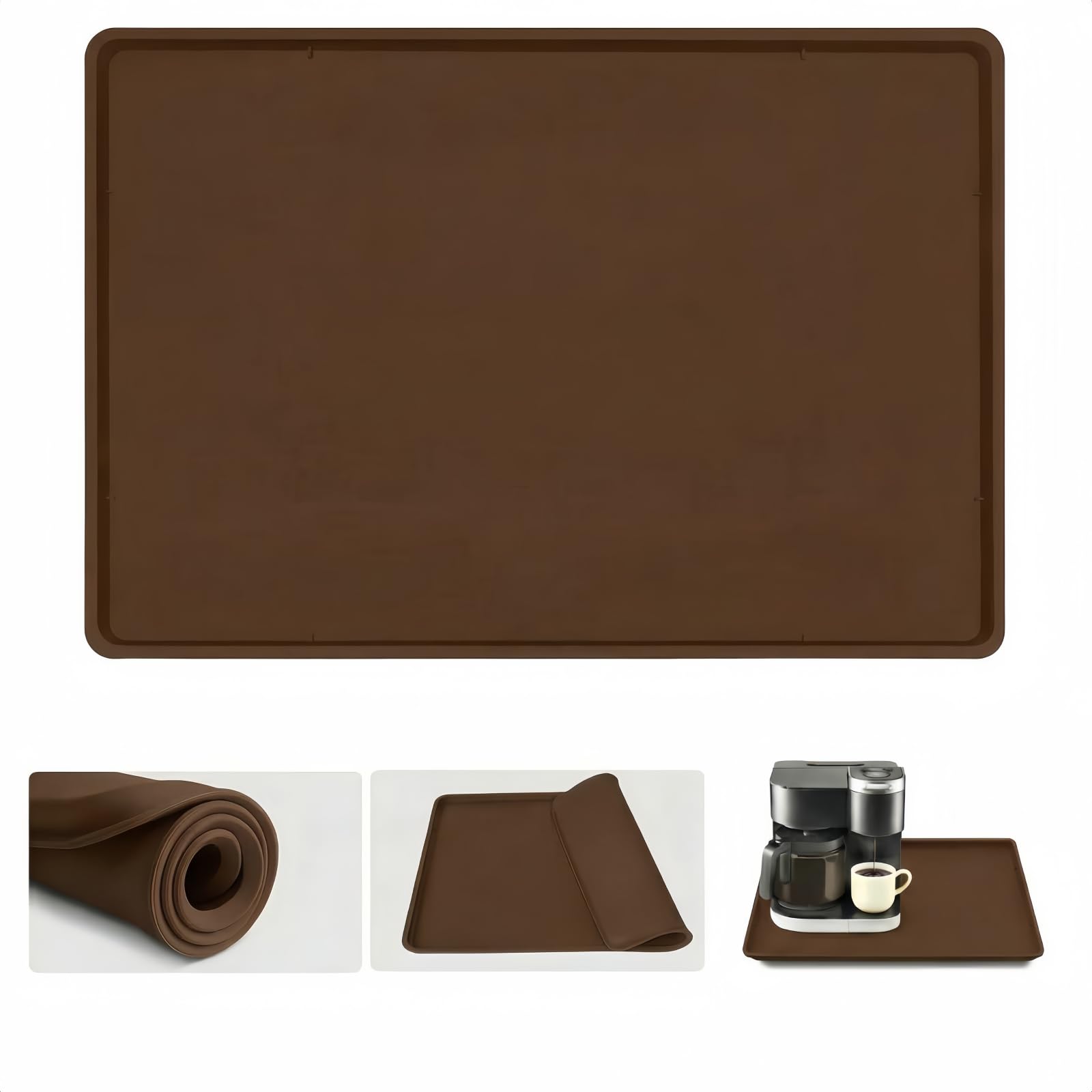 Coffee Mat with Edges 50x40cm for Coffee Machines Multi-Functional Base Mat,Nonstick Heat Resistant Coffee Bar Mat for Countertop, Dish Drying Mat (Brown)