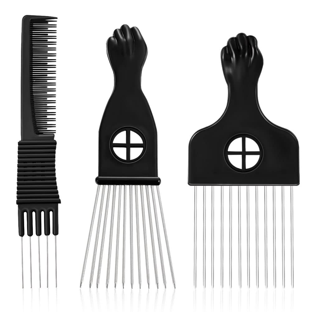 3 Pack Metal Hair Pick Comb Set for Afro, Curly Hair and Beard