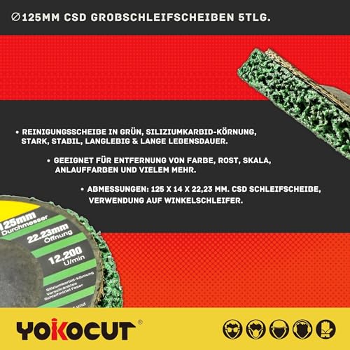 YOKOCUT 125mm CSD Scheibe Schleif Scheibe, Reinigungsscheibe Set 5-tlg., Grobreinigungsscheibe, Rostentferner Metall, Schleifscheiben für Winkelschleifer ∅125x22,23mm