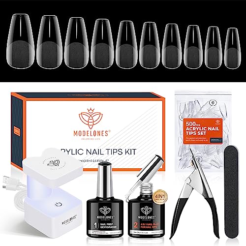 modelones Kit Uñas, Nail Kit de Tips Uñas Gel con Pegamento, 500 Uñas Postizas Resina, 6 en 1 Pegamento Uñas Postizas, Mini Lampara Uñas Semipermanentes, Kit De Uñas Para Principiantes