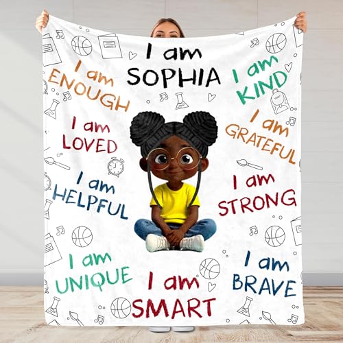 Image of Personalized Inspirational Blanket - Custom Name Fleece or Sherpa Throw and Unique Cartoon Character Blanket - Birthday Gift for Girls Kids Teens, Holiday Throw Blanket for Bed