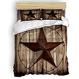 Picpeak Home Bedding Set 4 Piece Duvet Cover Set King Size Western Texas Star Rustic Wood Grain Lightweight Soft Bed Sheets,1 Duvet Cover,1 Flat Sheet and 2 Pillow Covers for Children/Adults/Teen