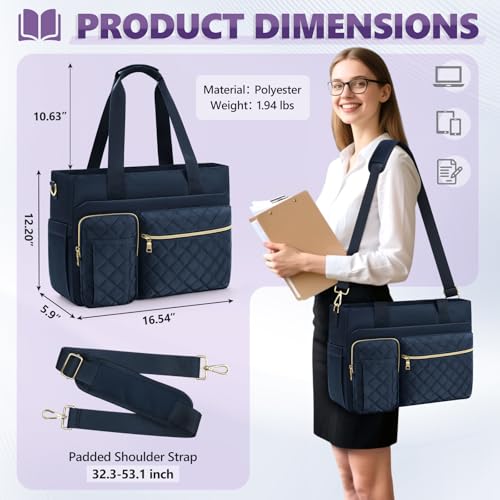 Image of SDYSM Teacher Tote Bag 15.6 inch Laptop Bag Work Bags for Women Nurse Tote Professional Computer Messenger Shoulder Bags Laptop Briefcase for Office, College, Nursing, Dark Blue
