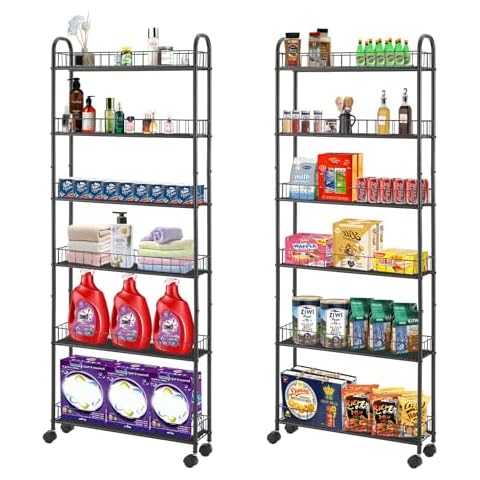 BAOMKONG 6-Tier Rolling Cart Kitchen Slim Slide Out Storage Tower Rack with Wheels, Slim Pantry Cabinet with 6 Baskets, Utility Cart for Bathroom Office Narrow Places, Black 6" D x 22.8" W x 61" H Cover