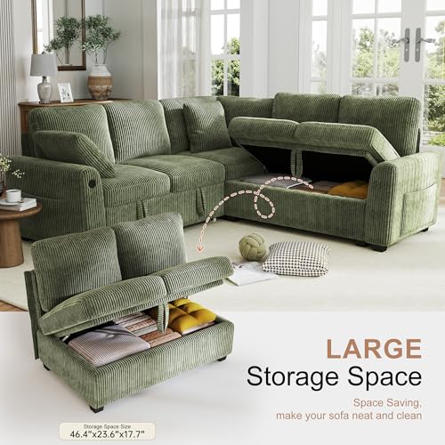 Image of Hanherry Sectional Couch with Pull Out Sofa Bed,Corduroy Sleeper Sofa with 2 Seat Storage & USB Charging,Comfy L Shaped Modular Couches for Living Room,Apartment