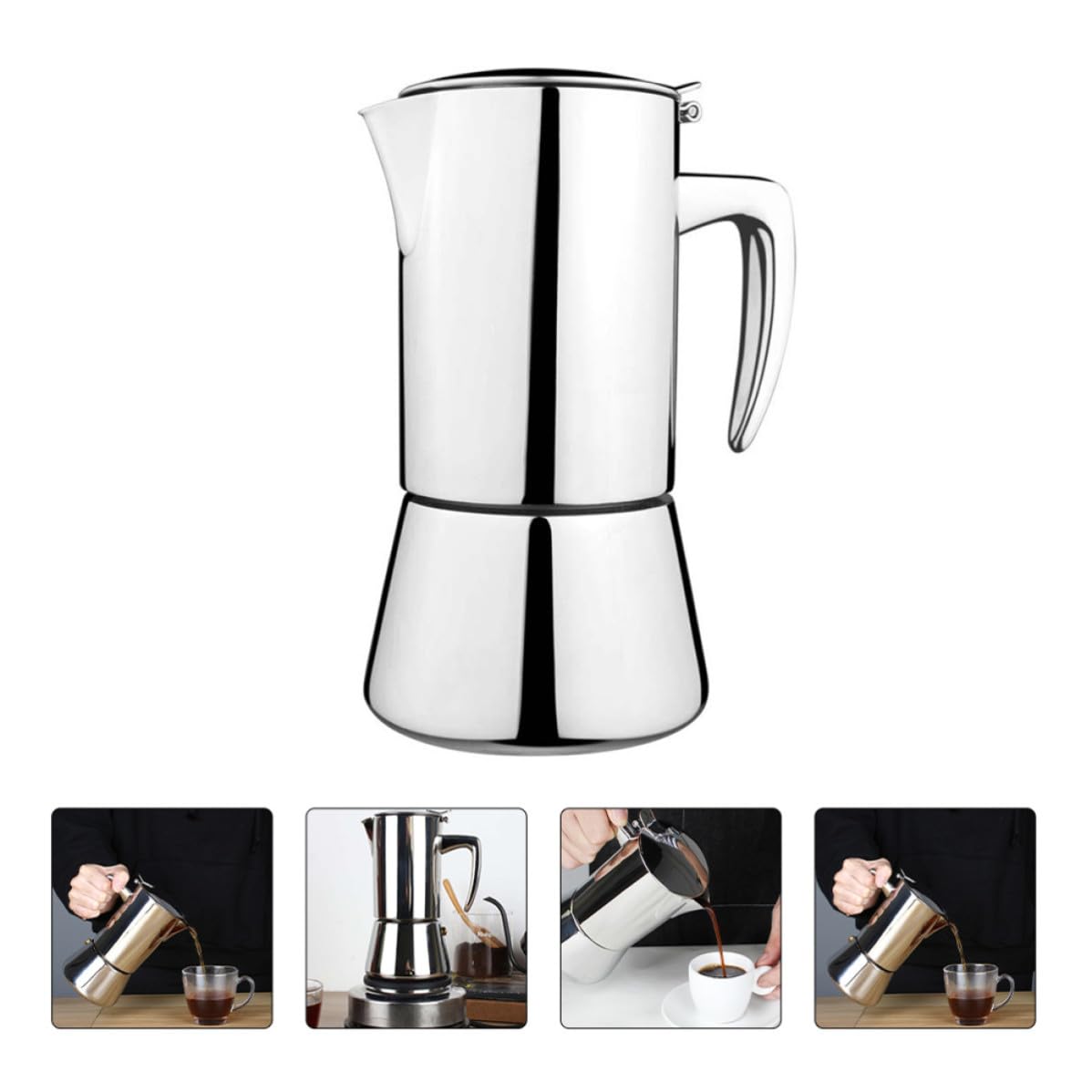 Cafetera Italiana de Acero Inoxidable 200ml Mango Antiquemaduras, Apta para Estufas de Inducción, Adecuado para Uso en Casa o Cafeterías