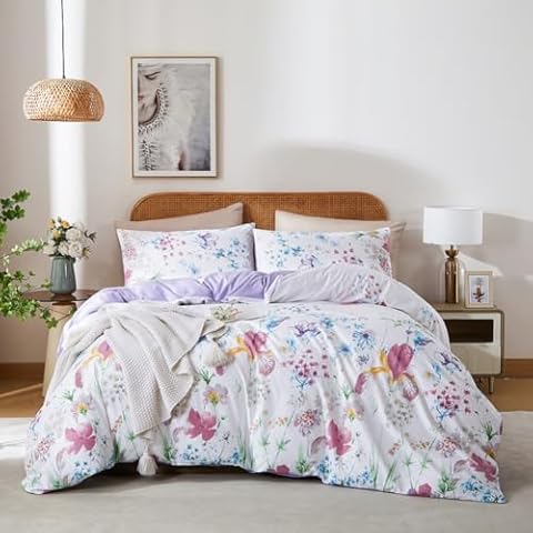 LifeTB Queen Comforter Set Vintage Garden Floral Comforter Set Queen Boho Style Purple Pink Floral Bedding Comforter with 2 Pillowcases Reversible Vintage Botanical Flowers Comforter for Queen Bed Cover