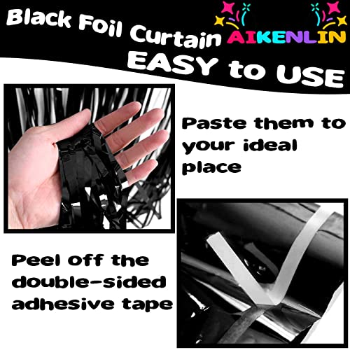 Image of 4 Pack 3.2Ft x 8.2Ft Black Foil Fringe Curtain Backdrop, Metallic Tinsel Foil Fringe Streamers Curtains Background for Photo Booth, Birthday, Wedding, Halloween, Christmas Party Decoration