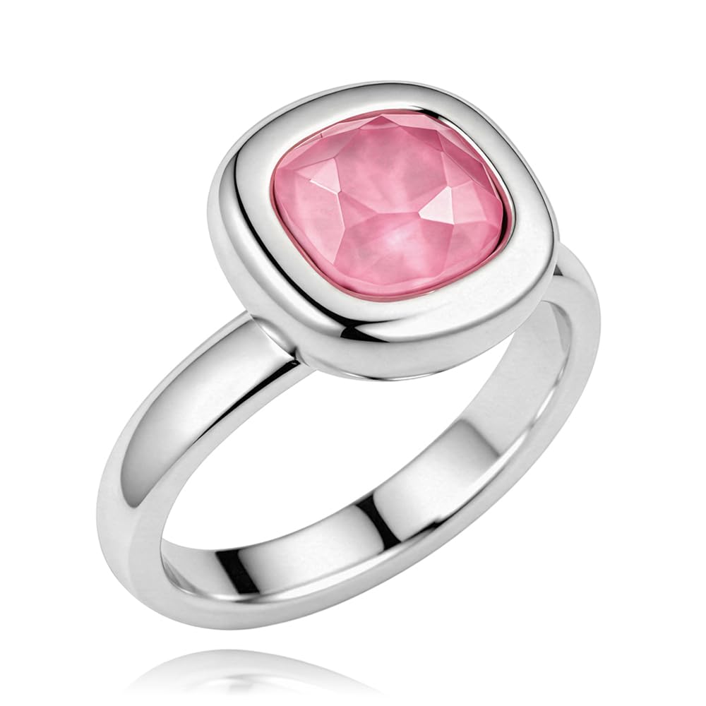 Passo Anillo plata mujer con piedra tallada en color rosa - Anillo solitario mujer ajustable, ideal para las tallas más comunes - Se envía en una cajita de regalo