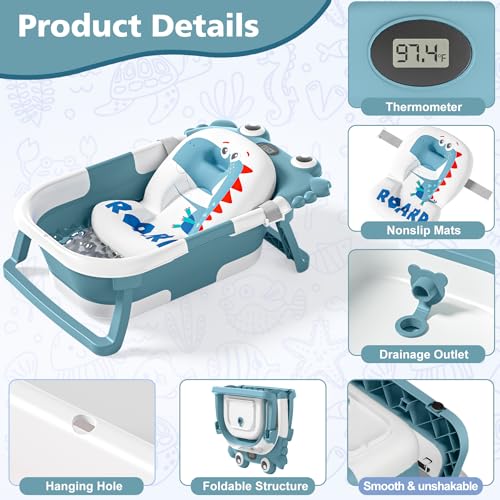 Image of Collapsible Baby Bathtub for Newborns with Thermometer and Soft Floating Cushion Portable and Foldable Travel Baby Girl Bath Tub for Infants to Toddler 0-36 Month (Blue)