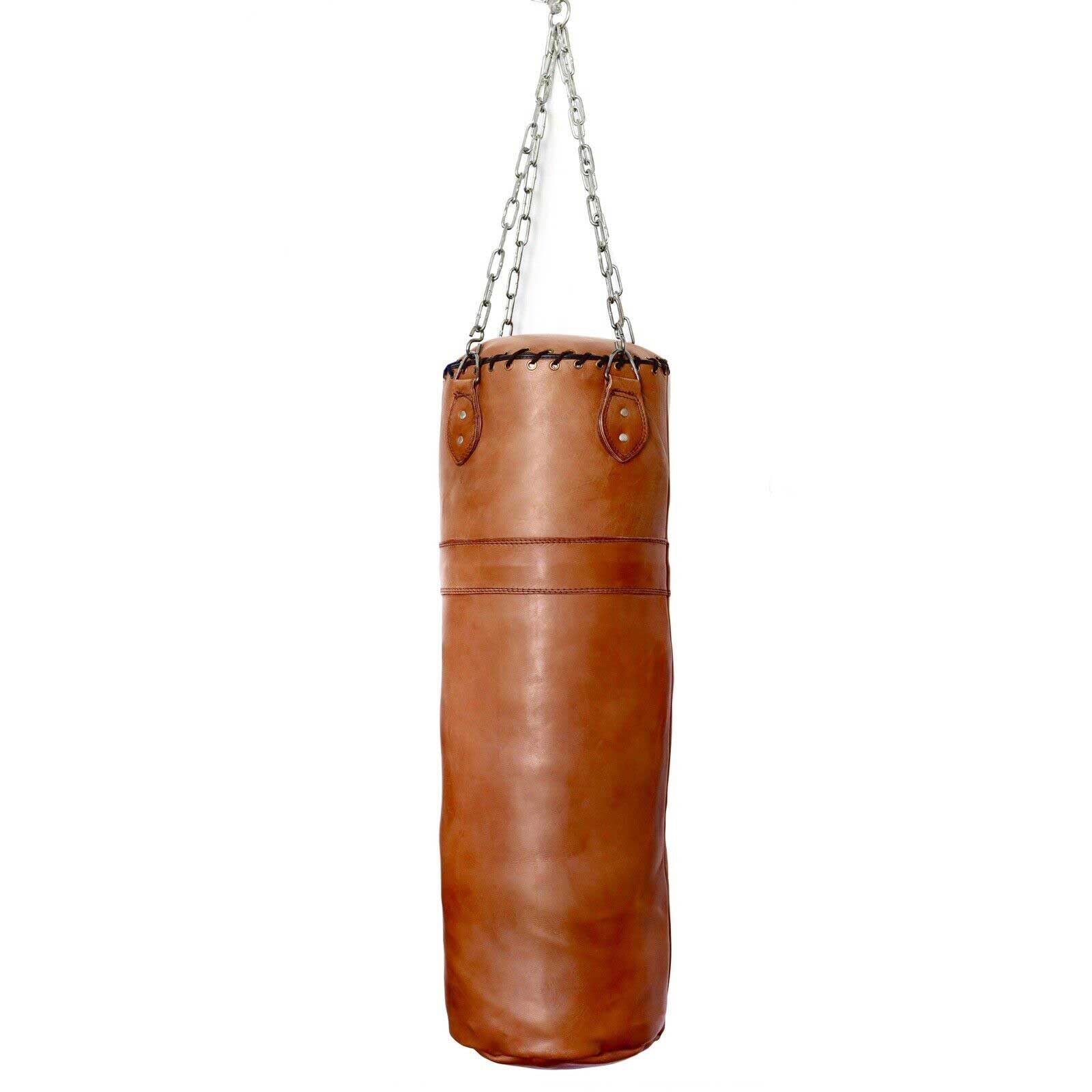Boxsack Echtleder – Handgefertigt Vintage Leder Boxsack 100 cm Ungefüllt Befüllbar Trainingssack Deko Homegym inkl. Heavy-Duty-Kette für Deckenmontage