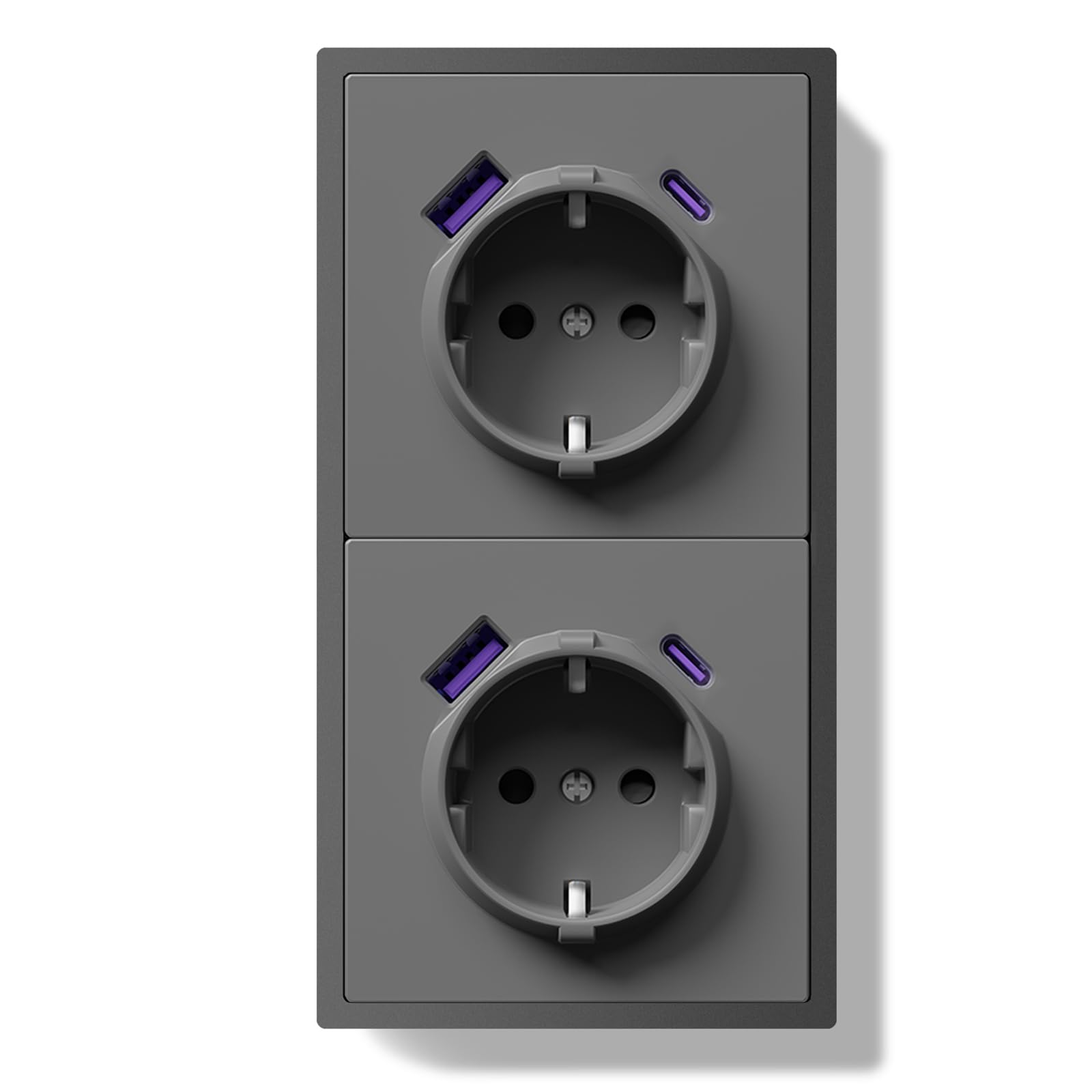 BSEEDLIFE Schuko Steckdose mit USB/Typ C 20W, Unterputz EU-Standard Steckdosen, Doppelsteckdose Wandsteckdose mit PC Rahmen, 80 * 150mm inzelsteckdose mit Krallen, Einfache Installation, 2 Fach Grau