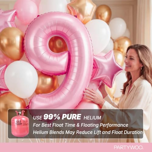 Image of PartyWoo Baby Pink Number 9 Balloon 40 Inch 25pcs Pink Foil Star White Gold