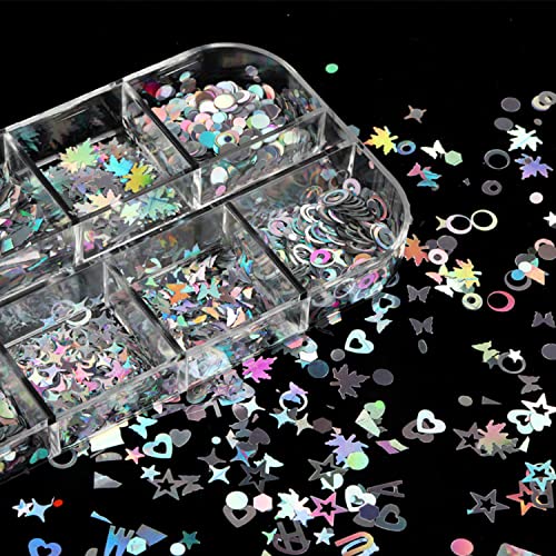 Laser Silver Glitter Nail Art Flakes, Holographic 3D Glitters Sequins Decorations, Love Heart Circle Letters Butterfly Nail Art Design Supplies For Women Girls Manicure Diy Sparkly Resin Nail Art Tips #TOP3