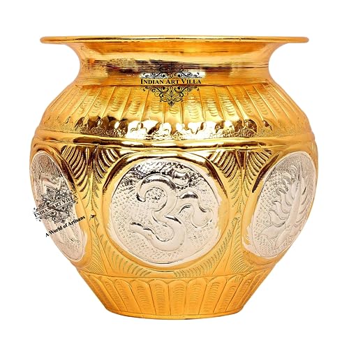 INDIAN ART VILLA Gold & Silver Polished Swastik Design Copper Lota Kalash, Pooja Temple Home Office, Diameter 3.5", Silver & Gold
