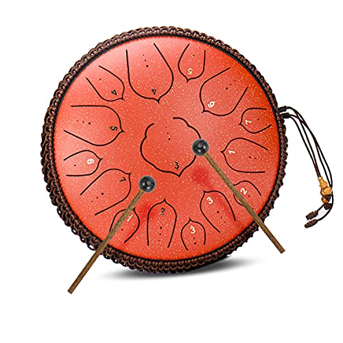 Amkoskr Stahlzungentrommel, 14 Zoll 35 cm Steel Tongue Drum, D-Dur 15 Noten, Handtrommel HandPan Drum mit Drumsticks/Tragetasche(Rot) - Image 3