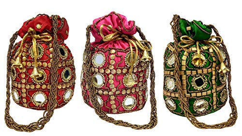 Sac potli ethnique en soie pour vos tenues de mariage soirées et cérémonies élégantes lot de 3