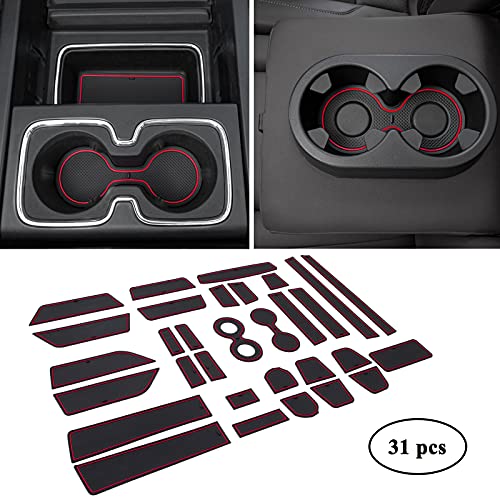 JKCOVER Compatible with 2014-2018 Chevy Silverado / GMC Sierra Accessories Center Console Cup Holder and Door Pocket Liner Mats Inserts Rubber mats(for Crew Cab with Bucket Seats) 31-pc with Red Trim