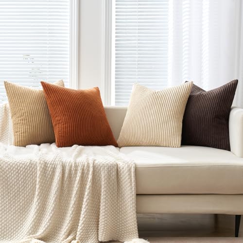 Image of MIULEE Boho Farmhouse Throw Pillow Covers 18x18 Inch Set of 4 Rustic Mordern Neutral Cushion Covers Soft Corduroy Nordic Fall Home Decor for Couch Bed Sofa Living Room Chocolate Brown /Rust