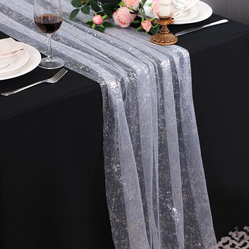 Snowkingdom White Silver Cheesecloth Table Runner