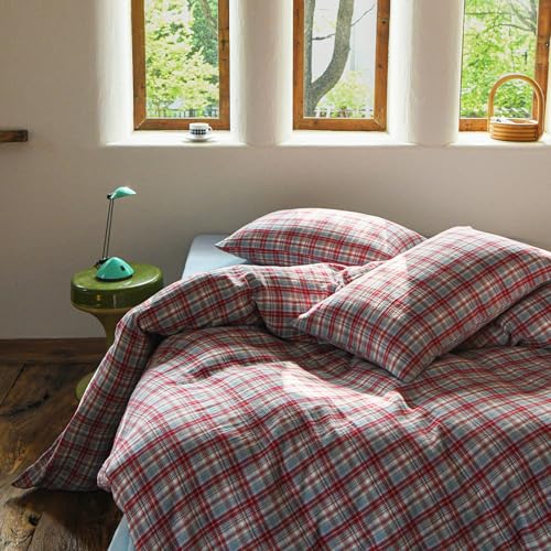 Image of EAVD Vintage Style Red&Blue Gingham Duvet Cover King Soft 100% Cotton Muslin Yarn-Dyed Textured Retro Grid Plaid Bedding Set Reversible British-Style Gingham Bedding Set with Zipper Closure