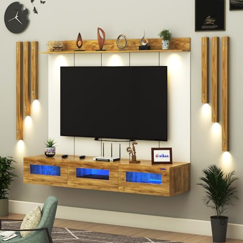 Image of Anikaa RayzaPro Engineered Wood Wall Mount TV Unit with PVC Back Panel, Acrylic Blue LED Storage Box, Side Wooden Accent Spot Light Panels I Deal for Up to 50 Inch TV (Giantwood - DIY Installation)