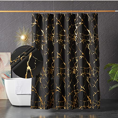 HYAWGE Black Shower Curtain - Luxury Foil Gold Printed Black and Gold Marble Shower Curtains for Bathroom Glitter Bathroom Curtain with Hooks Waterproof Washable Fabric Standard 72x72 Inches