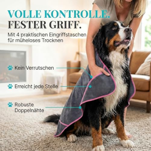 HUND IST KÖNIG Hundehandtuch extra saugfähig - Hunde Handtuch saugstark aus Mikrofaser mit 4 Eingriffen - Weiches XL Microfaser Handtuch für Hunde - Premium Hunde Trockentuch, schnell trocknend