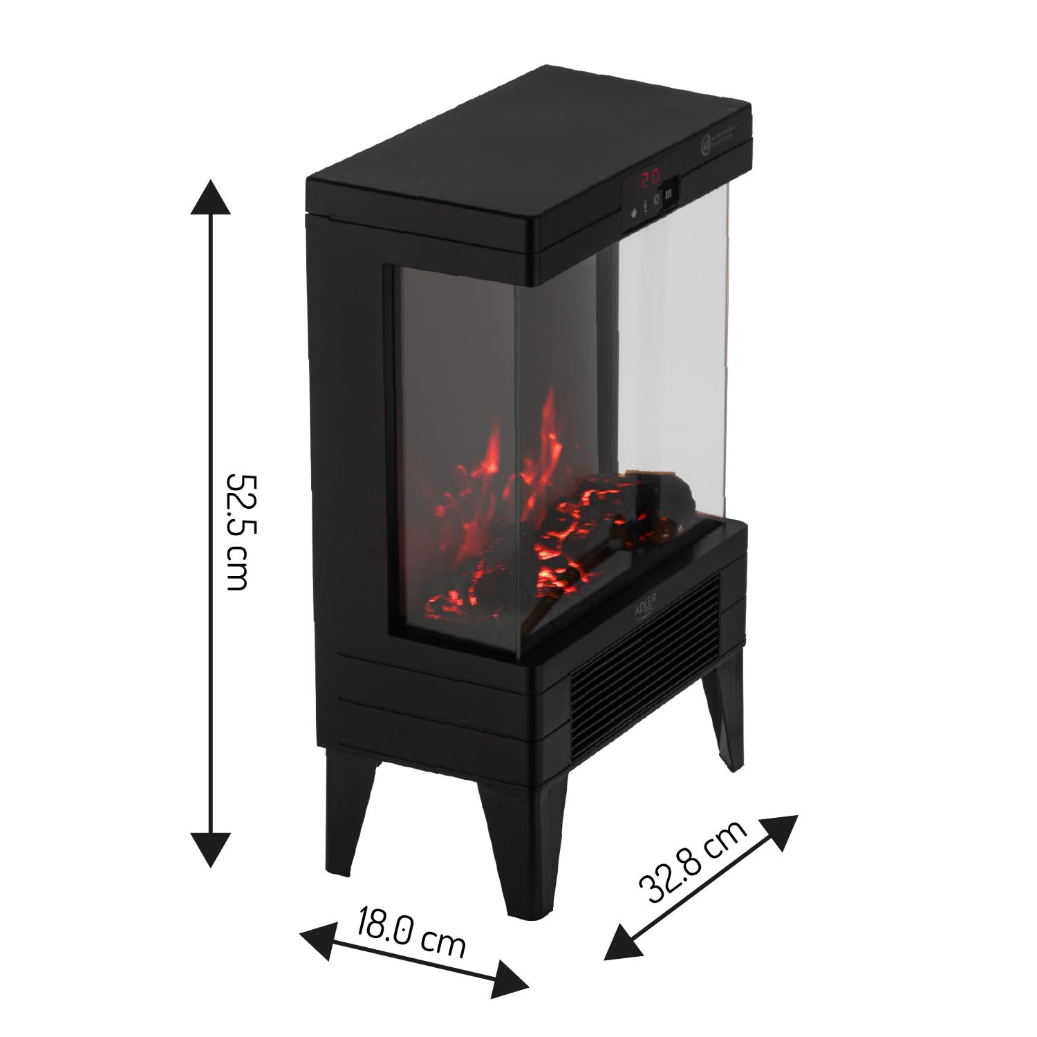 Adler AD 7755 elektryczny kominek LED 2000 W – efekt płomienia 3D, termostat 15–38°C, timer 1–12 godzin, ekran dotykowy, pilot zdalnego sterowania, nowoczesna przenośna konstrukcja, szkło hartowane