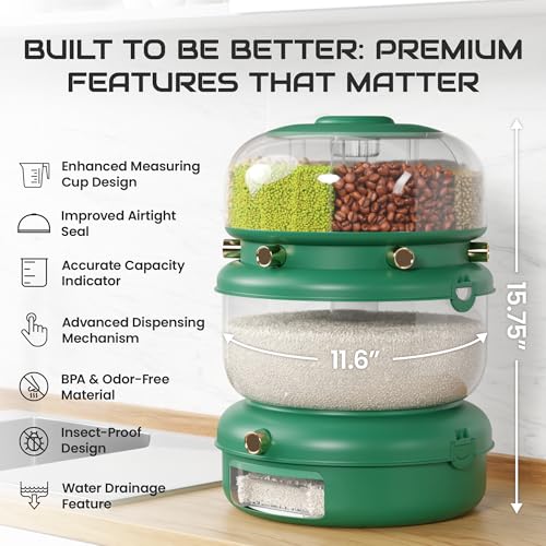 Rice & Multi-Grain Dispenser – Airtight 3-in-1 Rotating Food Storage with Strainer, Holds Up to 22 lbs (12 lb Bulk + 6 Compartments) - Image 3