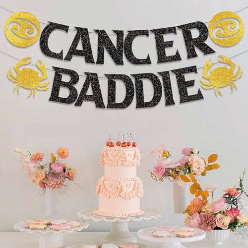 Image of Cancer Baddie Banner for June July Birthday Party Decorations, Black Gold Zodiac Cancer Birthday Banner for Horoscope, Astrology Bday Party Decor, Ideas, Jokes and Favors (Black + Gold)