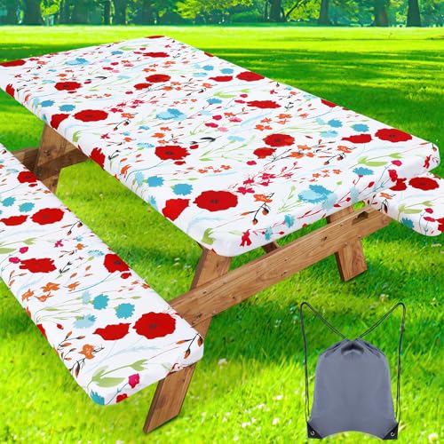 Image of misaya Picnic Table Cover with Bench Cover, Waterproof Elastic Fitted Tablecloth for 8 Foot Tables, Rectangle Washable Polyester Fabric Tablecloths for Picnic, Camping, Outdoor (Flower, 30 inch x 96 inch)