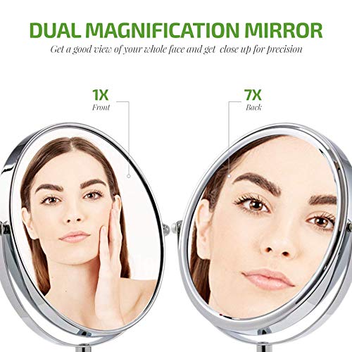 Image of OVENTE 7 inch Tabletop Magnifying Makeup Mirror, Polished Chrome MNLCT70CH1X7X | Double Sided Vanity Standing Mount Mirror with 1X /7X Magnification, 360 Rotation, Perfect for Dresser Bedroom Office Desk