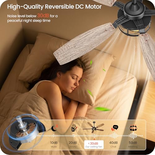 Image of 50 Inch Farmhouse Ceiling Fan with Lights and Remote, Timer, Dual Finish 5 Blades (Rustic Brown and Oak), 6 Speeds, Reversible DC Motor, Rustic & Industrial Caged Ceiling Fan for Bedroom FB04CF05