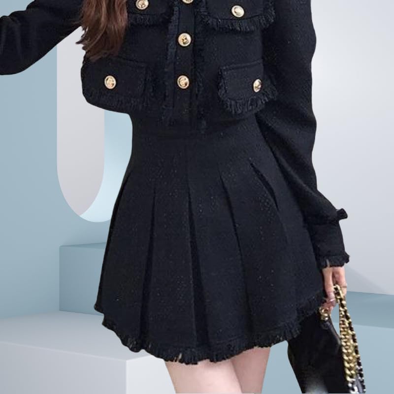 Ensemble jupe plissée manches longues tweed ensemble automne femme