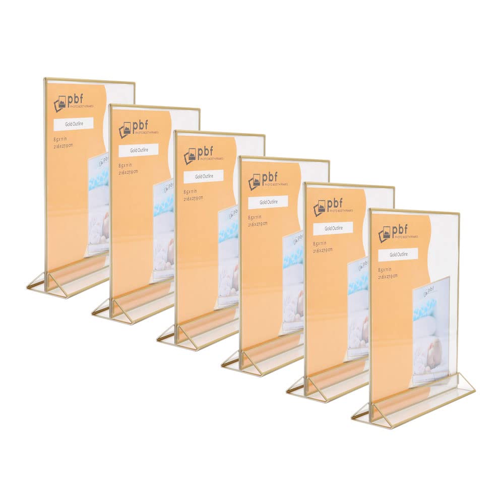 PBF 8.5x11 Acrylic Picture Frame Display Stand | Vertical Clear Sign Holder | Gold Photo Frame for Table, Tabletop Wedding, Menu, QR Code (6-Pack)