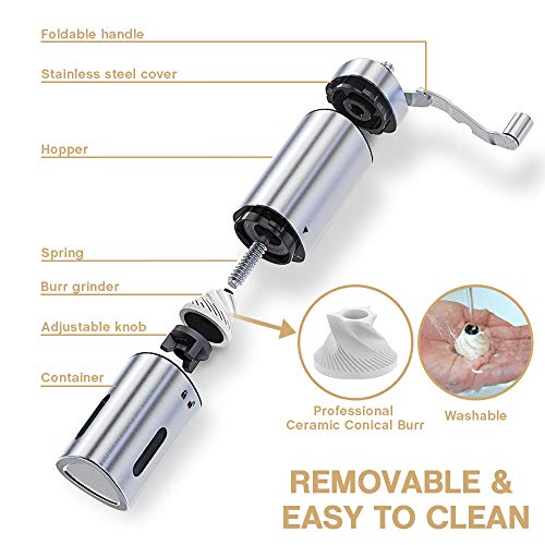 Comsoon Manual Coffee Grinder, Portable Hand Coffee Grinder with Adjustable Setting, Conical Ceramic Burr Grinder Stainless Steel Coffee Mill for Espresso, French Press, Turkish Brew