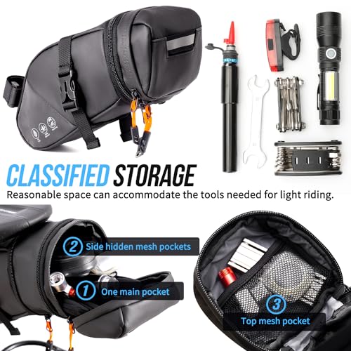 Image of WOTOW Bike Saddle Bag - Waterproof Bike Seat Bag Expandable to 2L - Reflective Bicycle Under Seat Storage Pouch for Road Mountain Bike Cycling Travel