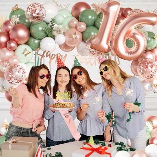 Décorations de fête Sweet 16 pour filles avec bannière « Happy Birthday », chiffre 16 et ballons, écharpe, décoration de gâteau pour 16e anniversaire (vert sauge) et or rose