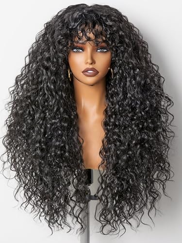 GORGIUS Veralux Blend Shaggy Haircuts Natural Black 26 Inch Curly Wig with Bangs Crafted with Style-Archive Technology: Premium Fiber & Remy Human Hair Blended Realistic Look with True Scalp