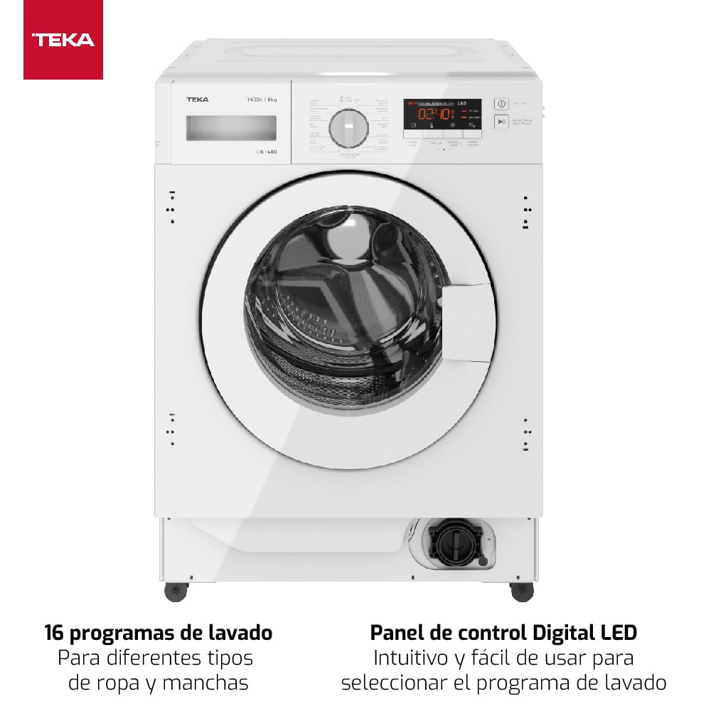 TEKA LI6 1481 - Lavadora Integrable, Motor T-Inverter,16 Programas de Lavado, Panel de Control Digital, Capacidad 8 kg, Velocidad 1400 rpm, Programas Especiales, Función Lávado Rápido, Color Blanco