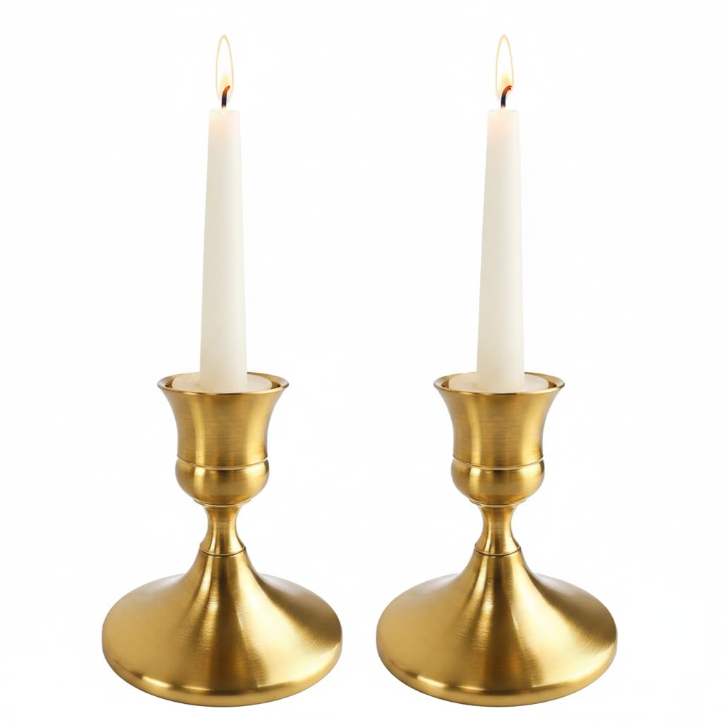 Solvio Gold Candle Holders for Taper Candles - Set of 2 Vintage Brass Candlestick Holders, Metal Candle Stick Holder for Table Centrepiece, Wedding, Christmas, Dining Room & Home Decoration