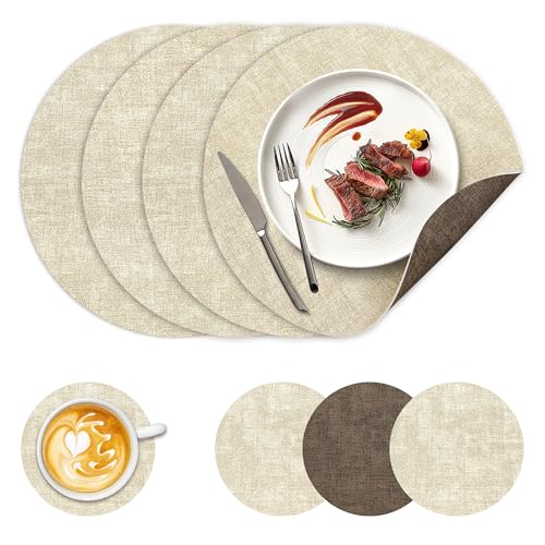 Image of 13 inch Round Placemats Set of 4, NCUE Dual-Sided Faux Leather Heat Resistant Table Mats, Waterproof Oilproof Washable Protective Table Placemats with Coaster, Wipeable Vinyl for Indoor & Outdoor Use