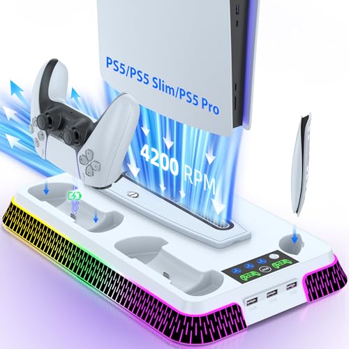 Cooling Station and Console Stand for PS5/Pro/Slim, Dual Controller Charging Station with Ambient RGB Lighting for PlayStation 5, PS5 Stand Controller Charger for Disc & Digital with Cooling Fan