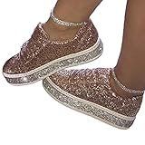 Minetom Sneakers Damen Pailletten Flache Low Sneaker Atmungsaktiv Glitzer Turnschuhe Outdoor Sportschuhe Laufschuhe Schuhe Schnürsenkel Walkingschuhe B Gold 39 EU