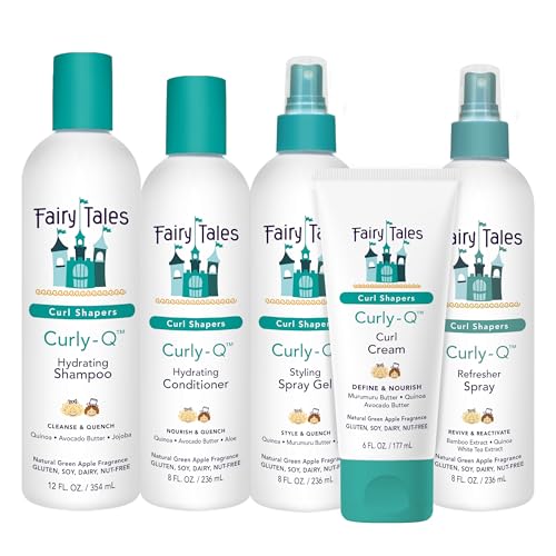 Fairy Tales Curly Q Kids Curly Hair Products Set Curl Shampoo Curl Conditioner Curl Cream Curl Refresher & Kids Styling Spray Gel Phthalate Paraben Gluten Free 5 Count