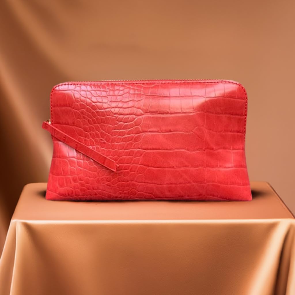 Crimson Rêve Crocodile Cosmetic Bag – Elegant Red Makeup Organizer with Vegan Premium Crocodile Texture, Travel-Ready, Spacious Design