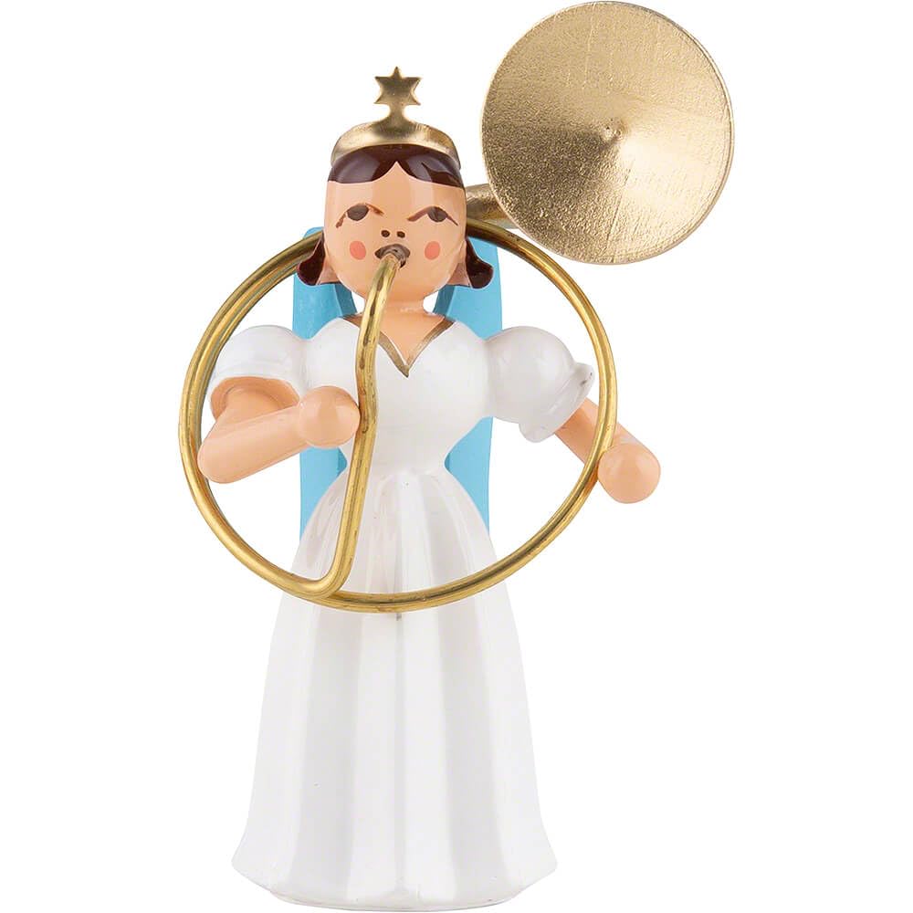 Ange à longue robe avec sousaphone statuette en bois peinte