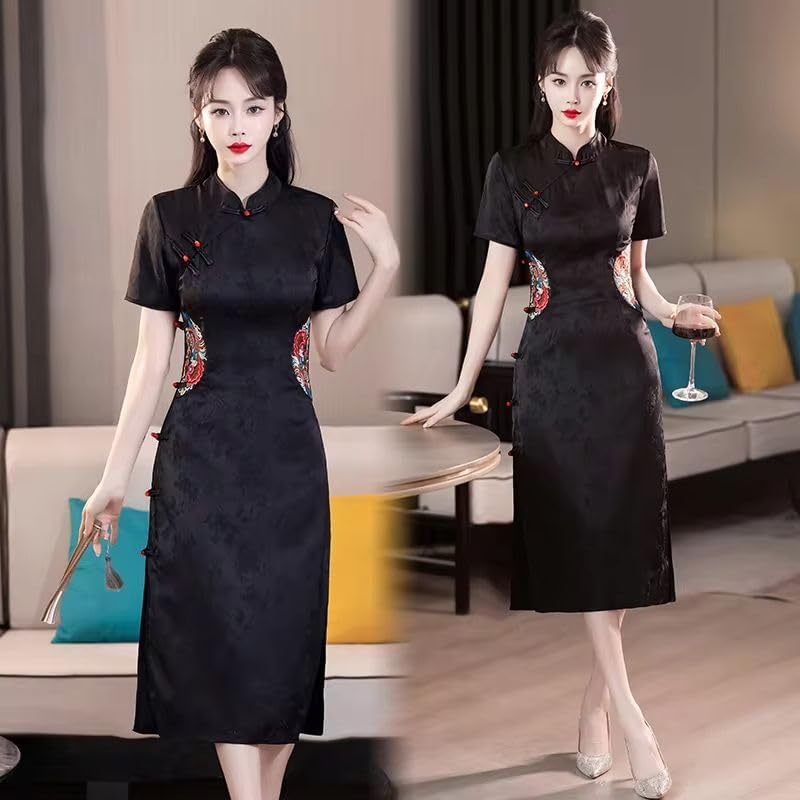 夏の袍ドレス女性中国風刺繍黒チャイナドレス