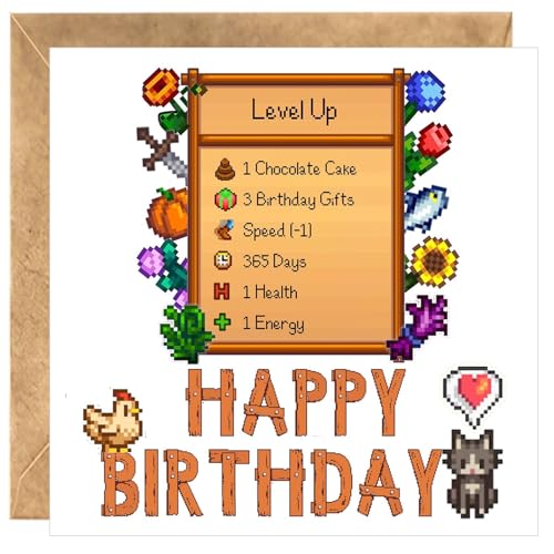 Level Up Stardew Birthday Card: Retro 16 Bit Cosy Cottagecore Pixel Gaming Cute Happy Birthday Card for Her/Women/Girl/Female/Boys/Men Ladies Birthday